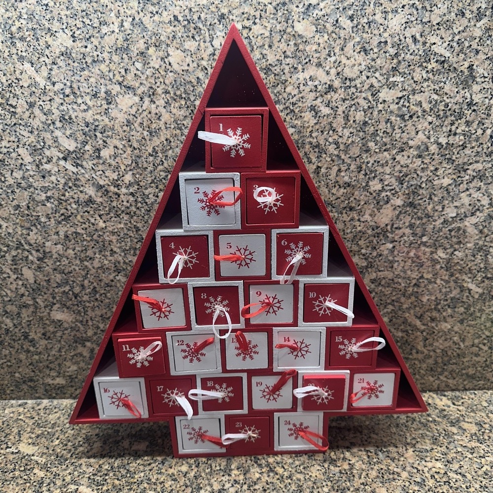 Home Accents Holiday 14.5 Inch Wooden Tree Drawer Advent Calendar Red Christmas